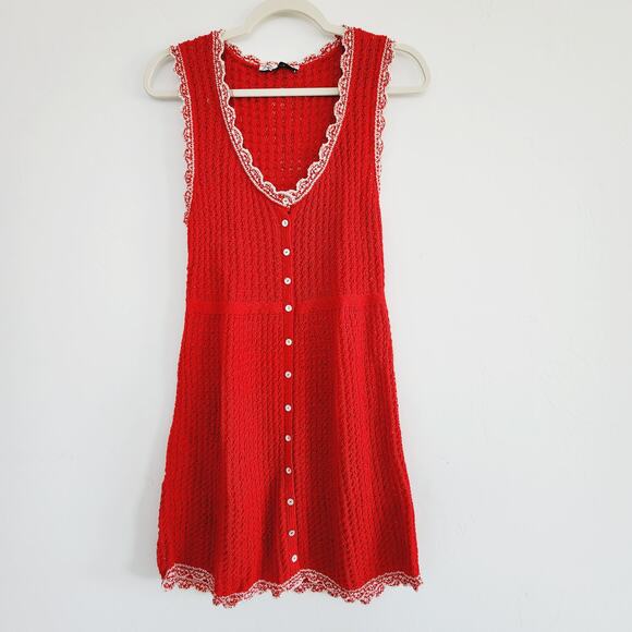 Zara Red & White Pointelle Knit Mini Dress Sleeveless Size Medium - Picture 4 of 9